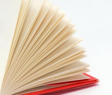 Red hardcover book with flipping pages